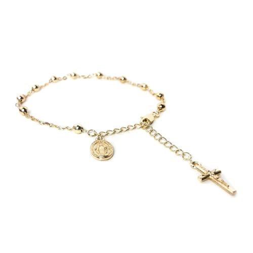 Stunning Catholic Rosary Bracelet for Women with Our Lady of Graces Medal and Cross Crucifix Charm, 14K Gold Plated, Adjustable - Dainty Elegant Religious Jewelry Gift - 图片 3