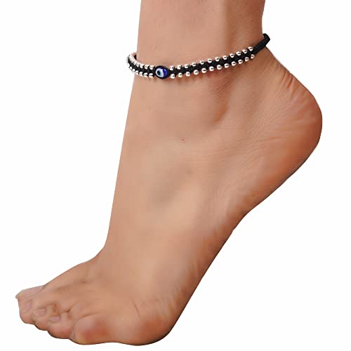 925 Silver Designer Adjustable Evil Eye Black Thread Nazariya Anklet With 48 Silver Balls For Women - 4.5 Grams - 图片 4