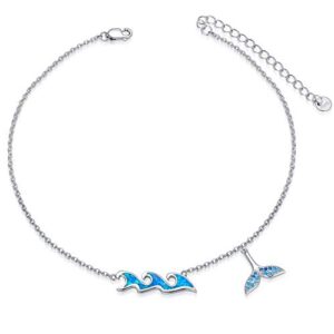 Ocean Wave Sea Beach Anklet with Blue Opal Mermaid Tail Charm Sterling Silver Ankle Foot Bracelet for Women