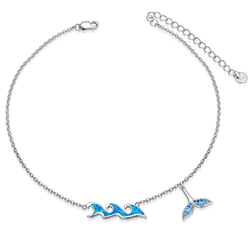 Ocean Wave Sea Beach Anklet with Blue Opal Mermaid Tail Charm Sterling Silver Ankle Foot Bracelet for Women