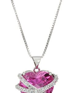 Sterling Silver Created Pink and White Sapphire Wrapped Heart Pendant Necklace , (previously Amazon Collection)