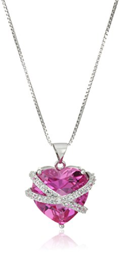 Sterling Silver Created Pink and White Sapphire Wrapped Heart Pendant Necklace , (previously Amazon Collection)