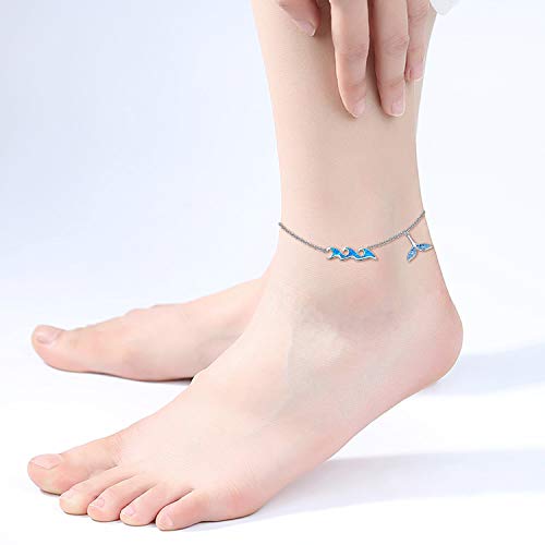 Ocean Wave Sea Beach Anklet with Blue Opal Mermaid Tail Charm Sterling Silver Ankle Foot Bracelet for Women - 图片 3