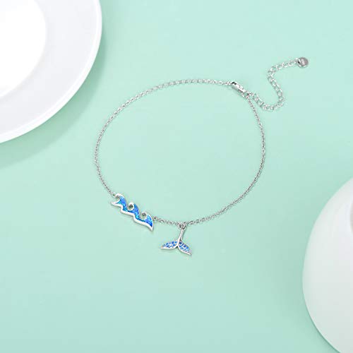 Ocean Wave Sea Beach Anklet with Blue Opal Mermaid Tail Charm Sterling Silver Ankle Foot Bracelet for Women - 图片 5