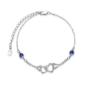 Blue Sterling Silver Anklet for Women - Double Heart Design, Something Blue for Bride, Sapphire Summer Jewelry, September Birthstone, Beach Foot Jewelry, Wedding Accessory