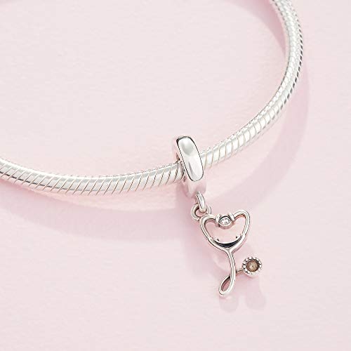 Stethoscope Heart Dangle Charm - Compatible Moments - Gift for Her - Made with Sterling Silver & Cubic Zirconia - with Gift Box - 图片 6