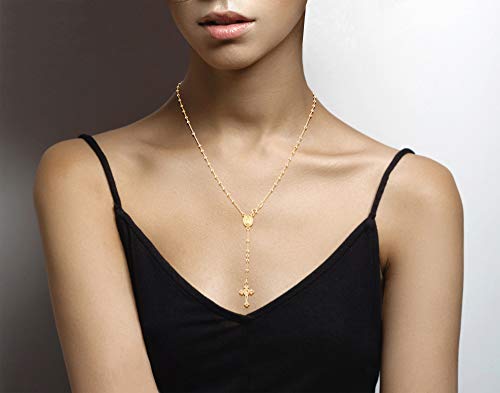 Italian 925 Sterling Silver or 18K Gold Plated Rosary Bead Cross Y Necklace Chain for Women - 图片 3