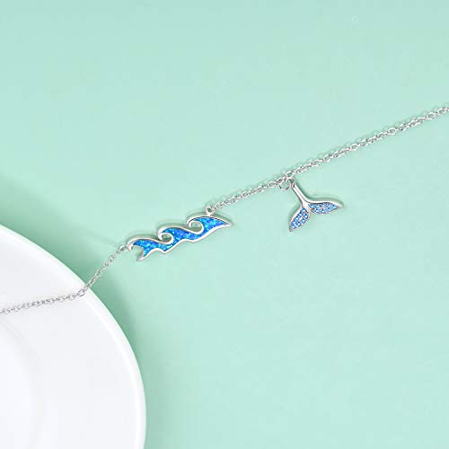 Ocean Wave Sea Beach Anklet with Blue Opal Mermaid Tail Charm Sterling Silver Ankle Foot Bracelet for Women - 图片 4