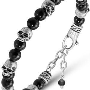® Beaded Bracelets for Men – Premium Artisan Handcrafted Black Obsidian Beaded Skull & Evil Eye Bracelet for Women or Men – 6MM Adjustable Length Mens Skull Bracelet