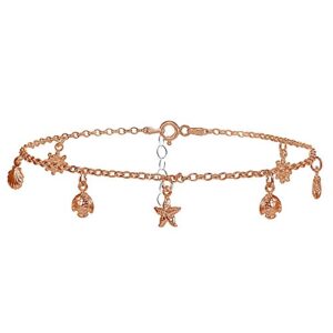 925 Sterling Silver Rolo Chain Dangling Starfish Shell Turtle Charm Ankle Bracelet for Women Men, 9 Inch + 1" Extender Boho Cute Summer Beach Anklet Foot Jewelry