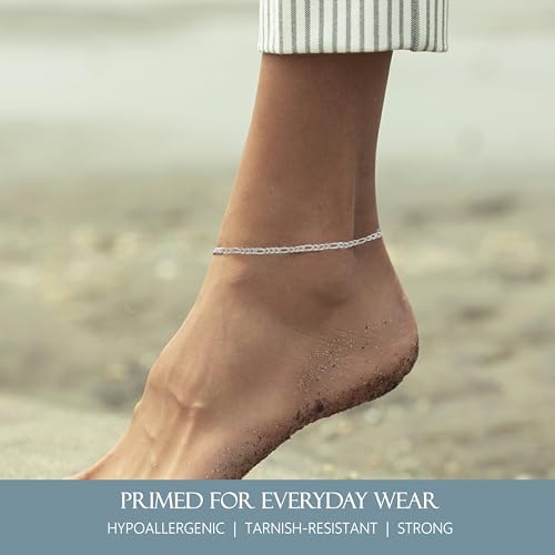 Solid 925 Sterling Silver Ankle Bracelets for Women, Waterproof Tarnish Resistant Anklets, Curb/Rope/Figaro/Mariner Chain, 9, 10, 11 Inch - 图片 5