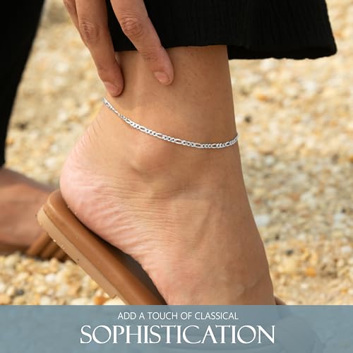 Solid 925 Sterling Silver Ankle Bracelets for Women, Waterproof Tarnish Resistant Anklets, Curb/Rope/Figaro/Mariner Chain, 9, 10, 11 Inch - 图片 3