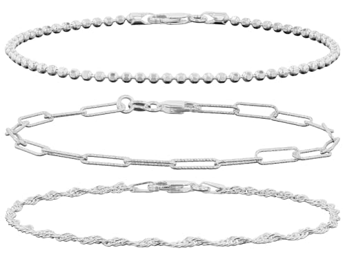 Sterling Silver Bracelet Set for Women - Stackable Set with Diamond-Cut Bead, Paperclip, & Singapore Link Bracelets - Elegant, Durable, Gift-Ready Jewelry - 3-Piece