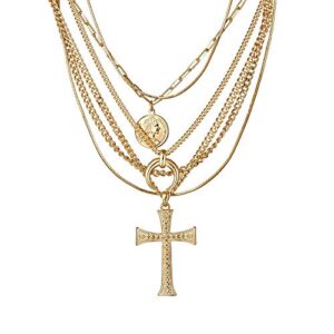 Gold Layered Necklace for Women, 18K Gold Plated Coin Cross Pendant Necklace Chunky Chain Choker Gold Layering Necklaces for Women