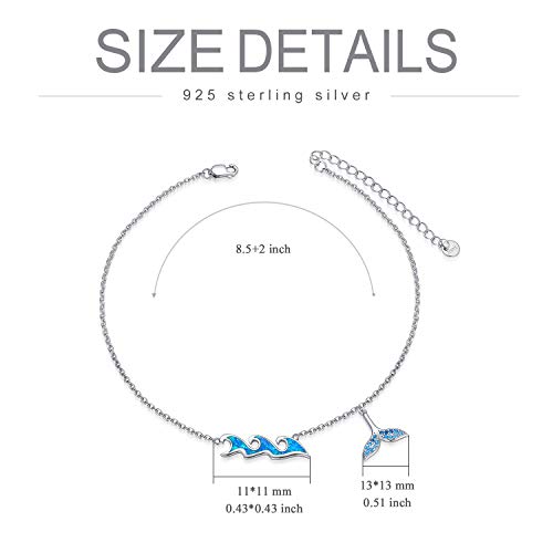Ocean Wave Sea Beach Anklet with Blue Opal Mermaid Tail Charm Sterling Silver Ankle Foot Bracelet for Women - 图片 7