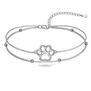 Paw Print Anklet 925 Sterling Silver Pet Dog Cat Paw Layered Ankle Bracelet Pet Jewelry Gifts for Women