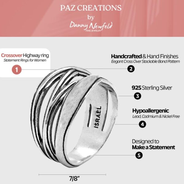 Paz Creations 925 Sterling Silver Criss Cross Statement Ring For Women, Artisan Handcrafted Designer with 1 Year Warranty, Silver/Gold Plated - 图片 4