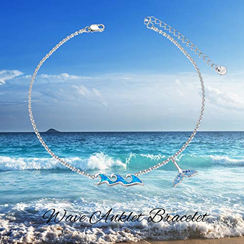 Ocean Wave Sea Beach Anklet with Blue Opal Mermaid Tail Charm Sterling Silver Ankle Foot Bracelet for Women - 图片 6