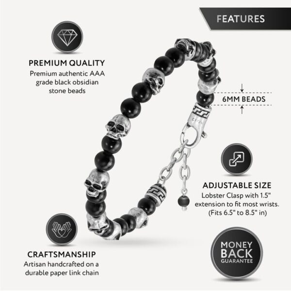 ® Beaded Bracelets for Men – Premium Artisan Handcrafted Black Obsidian Beaded Skull & Evil Eye Bracelet for Women or Men – 6MM Adjustable Length Mens Skull Bracelet - 图片 4