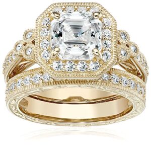 Platinum or Gold Plated Sterling Silver Antique Ring set with Asscher-Cut Infinite Elements Cubic Zirconia (previously Amazon Collection)